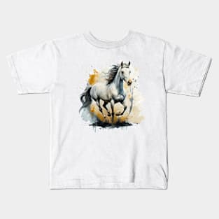 White Horse Running Watercolor Painting Color Illustration Kids T-Shirt